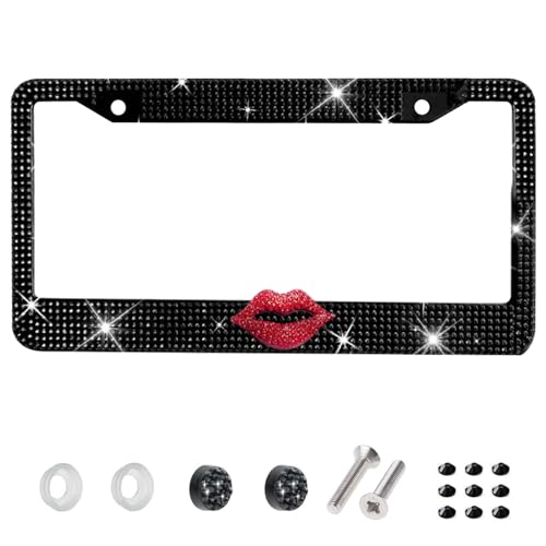 Bling License Plate Frame for Women, Black & Red Rhinestone Lips - color: Black Frame + Red Lip