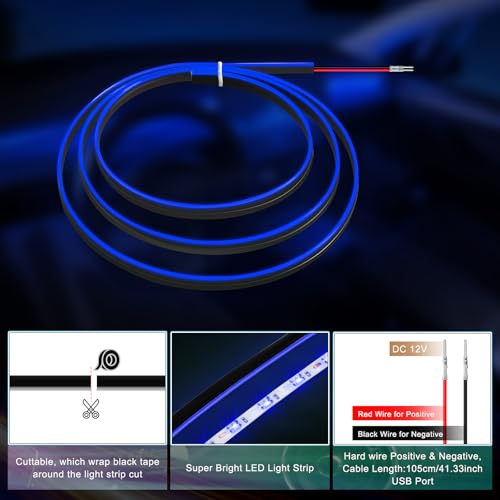 Acrylic Interior Car LED Strip Light with 6mm Sewing Edge - 43.3 inches Ambient Lighting Kits, Neon LED Strip Light(110CM/43.3IN, Blue) - color: 110CM/43.3IN, Blue