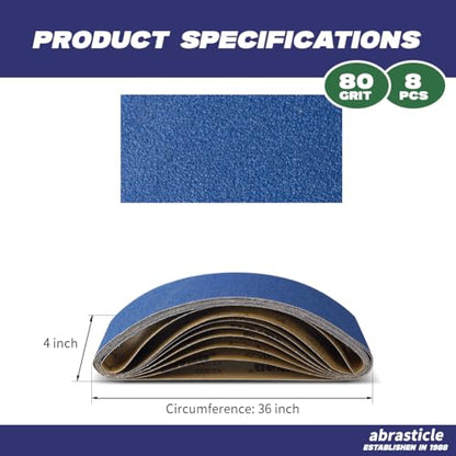 4" x 36" Zirconia Sanding Belts for Metal - 4 x 36 Inch Zirconia Metal Grinding Sand Paper, 8 PCS 80 Grits, Perfect for Knife Blade Sharpening, Metal Polishing, Derusting, Woodworking - size: 4" x 36" 80 Grit(8 pack)