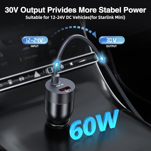 For Starlink Mini Car Adapter 12V-24V to 30V DC Step Up Converter, Dual Port(DC & USB A) Car Cigarette Lighter Adapter, Support Official 50M Cable for Starlink Mini Accessories for RV/Boat/Trailer