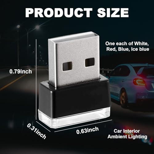 Ziciner 4 PCS USB LED Car Interior Atmosphere Lamp, Portable Mini LED Night Light, Plug-in USB Interface Trunk Ambient Lighting Kit, Car Accessories (White, Blue, Red, Ice Blue) - color: White+Blue+Red+Ice Blue