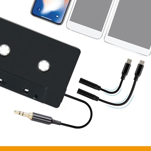 Yoidesu Car Cassette to AUX Adapter, Universal 4 Channel Output Cassette Tape Converter with 3.5mm Type C Auxiliary Cable, for Smartphones MP3 Players Car Stereos