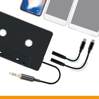 Yoidesu Car Cassette to AUX Adapter, Universal 4 Channel Output Cassette Tape Converter with 3.5mm Type C Auxiliary Cable, for Smartphones MP3 Players Car Stereos