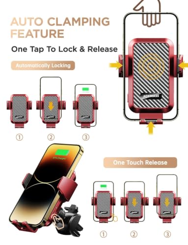 JOYMASS Wireless Car Charger, 15W Fast Charging Auto Clamping Car Charger Cell Phone Holder Mount Vent for iPhone 15 14 13 12 Mini Pro Max 11 XR, Samsung Galaxy S23 Ultra S22 S21+ Note 20, etc - Red - color: RED