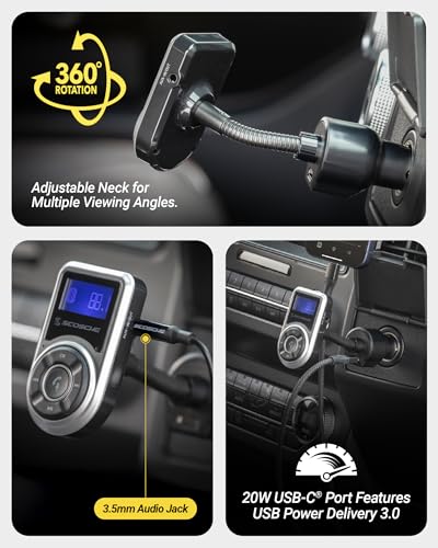 Scosche BTFMPD Universal Bluetooth Handsfree Car Kit with FM Transmitter and 18-Watt USB Car Charger, Silver - color: Black/Silver, size: Single Port, style: 18W (1 USB-C)
