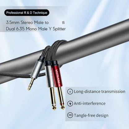 RIVIERA 6FT/1.8M Audio Cable 3.5mm 1/8" TRS to Dual 6.35mm 1/4" TS Braided Sheild Copper Wire and 24K Gold Plated Low Noise with Braided Nylon Jacket for Digital Players & Musical Instruments - color: 1/8 TRS-Dual 1/4 TS Black, size: 6FT/1.8M