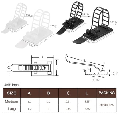 50Pcs Adhesive Cable Management Clips with 50Pcs Zip Ties, Adjustable Nylon Cable Strap Ties Wire Clips Clamps Organizer, Extra Screw & Hole - 3.55 Inch White - color: White, size: L-50pcs