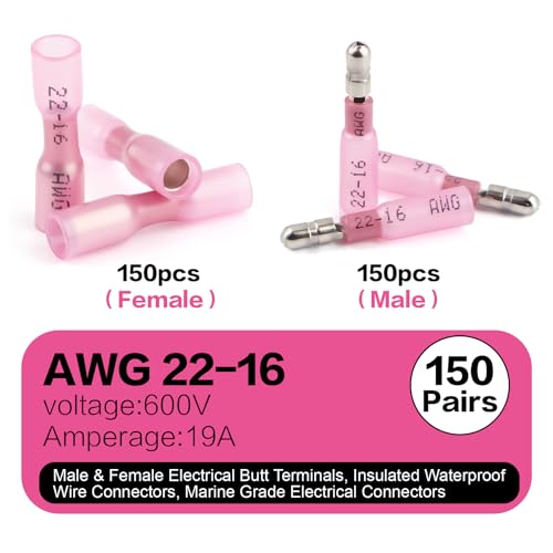 300Pcs Heat Shrink Bullet Connectors Kit Male & Female for 22-16 AWG Wire - color: Red-AWG 22-16