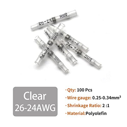 100 Pcs Solder Seal Wire Connectors, 26-24 AWG Heat Shrink Solder Connectors, Marine Grade Waterproof Butt Electrical Wiring terminals for Automotive Boat Truck - size: Clear (AWG 26-24)