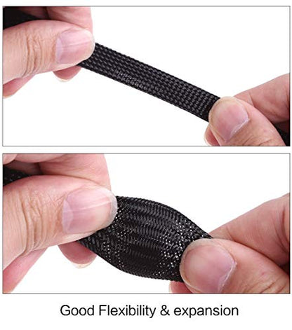 Keco 50ft – 1/4 inch & 1/2 inch PET Expandable Braided Cable Sleeve – Wire Sleeving for Audio Video and Other Home Device Cable Automotive Wire - Black - size: 1/4"-25ft & 1/2"-25ft