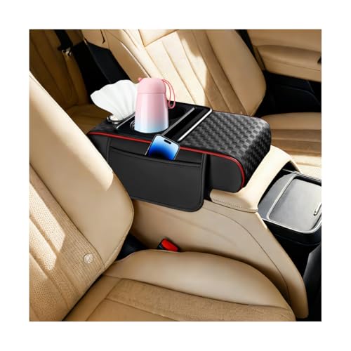 Car Center Console Armrest Pillow, 5-in-1 Armrest Box Cover with Cup Phone Holder & Storage Pocket Tissue Box, Multifunctional Auto Console Arm Rest Protector, Universal Fit (Black/Red) - color: Black/Red