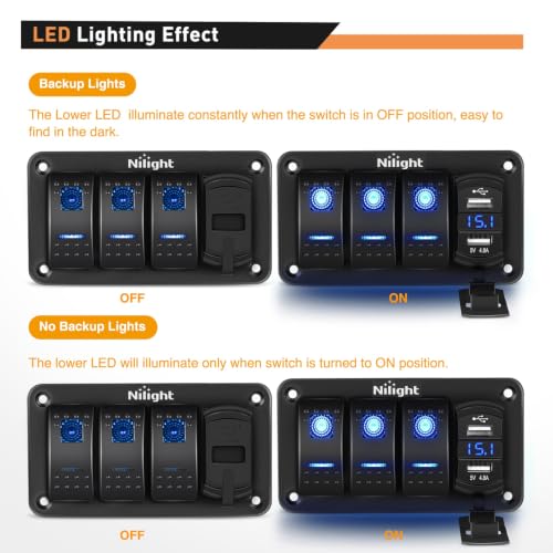Nilight 3 Gang Rocker Switch Panel with 4.8 Amp Dual USB Charger Voltmeter Night Glow Stickers Waterproof 12V 24V DC Switches for Cars Trucks Boats RVs, 2 Years Warranty,Blue - color: Blue, size: 4 Gang Dual USB