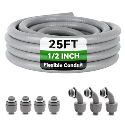 25 Ft Liquid-Tight Conduit and Connector Kit - 1/2 inch Flexible Non Metallic Liquid Tight Electrical Conduit and 4 Straight and 3 Angle Fittings Included. 1/2" Dia - size: 25FT