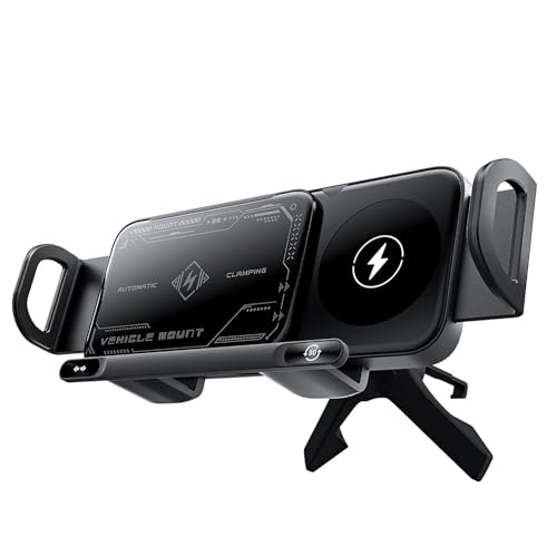 Famous Tech Shop 15W Wireless Car Charger Phone Mount with Auto Clamping, Rotating Car Phone Holder with Dashboard and Windshield Mount, Fast Charging Stand for iPhone and Android