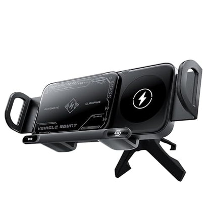 Famous Tech Shop 15W Wireless Car Charger Phone Mount with Auto Clamping, Rotating Car Phone Holder with Dashboard and Windshield Mount, Fast Charging Stand for iPhone and Android