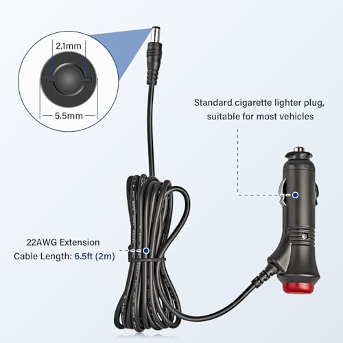 Anina 5.5x2.1mm Car Cigarette Lighter Adapter Plug Cord with Switch Button, 6.5ft 12V-24V Male Cigarette Lighter Power Supply Charger Extension Cable Fuse for Rear View Camera Monitor Car Refrigerator