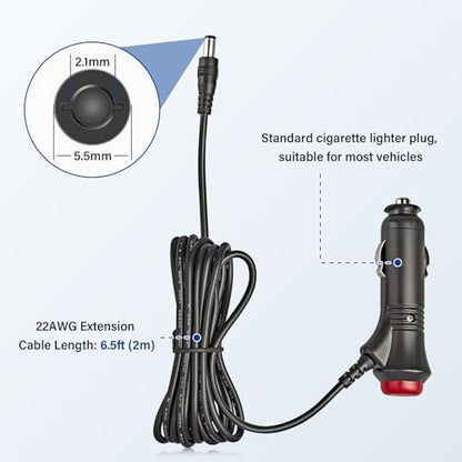 Anina 5.5x2.1mm Car Cigarette Lighter Adapter Plug Cord with Switch Button, 6.5ft 12V-24V Male Cigarette Lighter Power Supply Charger Extension Cable Fuse for Rear View Camera Monitor Car Refrigerator