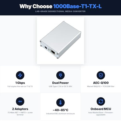 100/1000Base-T1-TX-L Automotive Ethernet Media Converter – 1Gbps Full-Duplex Gigabit T1 to RJ45, 88Q2112&RTL8211FI, Aluminum Alloy Case,TE MATEnet & H-MTD Adapter Boards,Industrial Grade