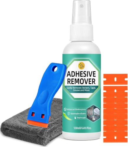 Adhesive Remover Spray, Glue Remover with Plastic Scraper and Towel, Surface Safe Sticky Stuff Remover for Car, Windows, Floor, Sticker Remover Rapidly Removes Labels, Gum, Tape, Wax (4.06Fl oz) - color: brown