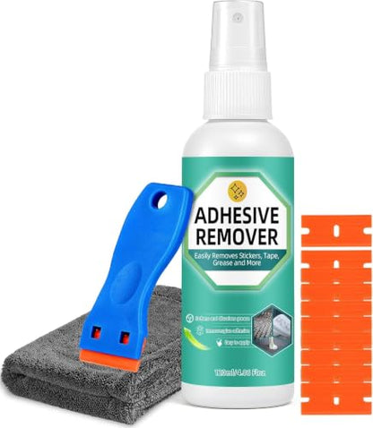 Adhesive Remover Spray, Glue Remover with Plastic Scraper and Towel, Surface Safe Sticky Stuff Remover for Car, Windows, Floor, Sticker Remover Rapidly Removes Labels, Gum, Tape, Wax (4.06Fl oz) - color: brown