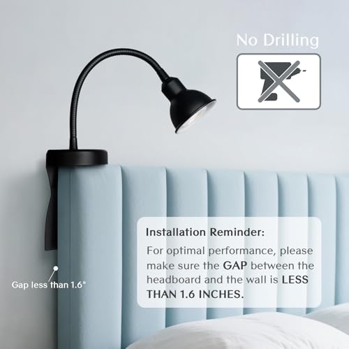 Solfres Patented Innovative Design Headboard Reading Light. No Drilling Golden Book Light for Bedtime Reading. Dimmable LED Book Reading Lamp with Bulb. Movable & Flexible, Black - color: Black, size: M