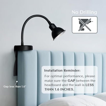 Solfres Patented Innovative Design Headboard Reading Light. No Drilling Golden Book Light for Bedtime Reading. Dimmable LED Book Reading Lamp with Bulb. Movable & Flexible, Black - color: Black, size: M