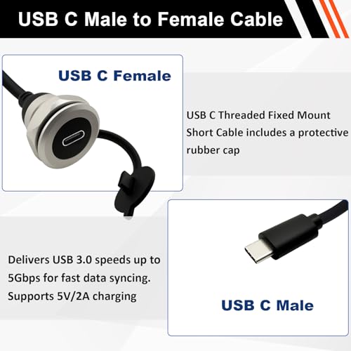 USB C 3.0 Panel Mount Extension Cable USB3.0 Type-C Male to Female Threaded Fixed Mount Cable Embedded Waterproof Round Converter, 5V/2A 5Gbps Charging (2M/6.6Ft) - style: 2M/6.6Ft