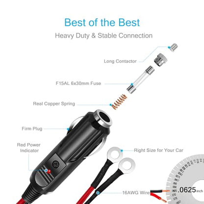 Chanzon 6ft 15A Male to Eyelet Cigarette Lighter Extension Cord 12V 24V - color: 6ft Male-to-Eyelet Red-and-Black
