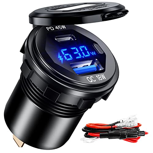 PD 45W USB C Quick Charger 18W USB 3.0 Charger Socket Waterproof with Switch LED Voltmeter and Wire Fuse DIY Kit for 12V/24V Car Boat Marine ATV Bus Truck RV Motorcycle