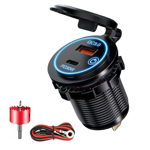Upgraded 12V USB Outlet, 78W PD & QC Multiple USB Ports Aluminum Charger for Car, USB C Cigarette Lighter Replacement 12V Socket with Voltmeter Waterproof for Boats RV Trucks and Motorcycles（1pcs）
