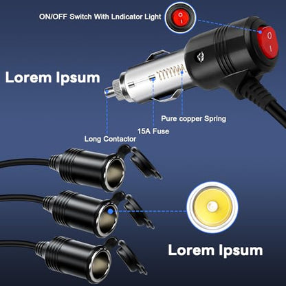 Cigarette Lighter Splitter ， 12v Splitter,Dual Cigarette Lighter adapters for Cars,12V Cigarette Lighter Plug with on/Off Switch, Overload Protection & Extension Cord 15A Fuses (3 Ports) - size: 3 Ports