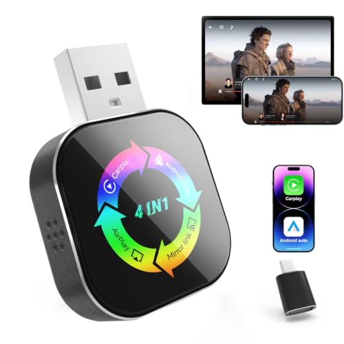 2026 Upgraded Wireless Carplay Adapter, 4 in 1 Screen Mirroring Support Mirror Link/AirPlay for Apple CarPlay & Android Auto, Mini USB/Type-C Plug & Play Car Play Adapter, Wired to Wireless