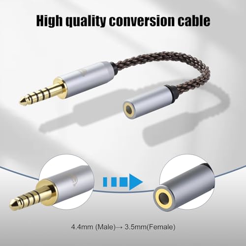 okcsc 4.4MM Male to 3.5MM Female, AC8G OFC Adapter Cable, 5U 24K Gold-Plated Plug, 8 Strand Hand-Braided Cable Rugged & Wear Resistant, for Player/Headphone/Mobile Phone, 2.7 inch - size: 4.4MM Male to 3.5MM Female