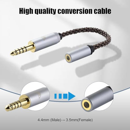 okcsc 4.4MM Male to 3.5MM Female, AC8G OFC Adapter Cable, 5U 24K Gold-Plated Plug, 8 Strand Hand-Braided Cable Rugged & Wear Resistant, for Player/Headphone/Mobile Phone, 2.7 inch - size: 4.4MM Male to 3.5MM Female