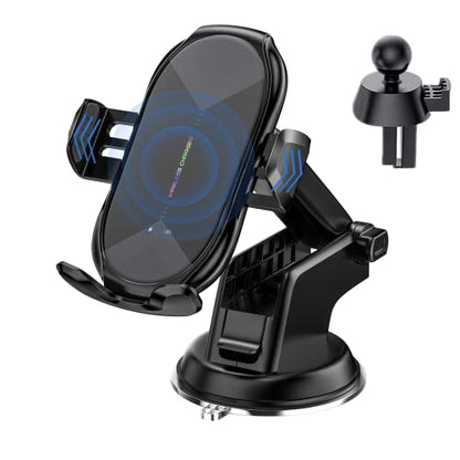 Wireless Car Charger,15W Qi Fast Charging Auto-Clamping Air Vent Windshield Dashboard Car Phone Mount,Long Arm Suction Cup Holder for iPhone Samsung LG - color: Black-2