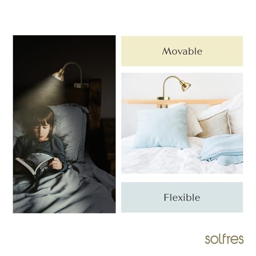 Solfres Patented Innovative Design Headboard Reading Light. No Drilling Golden Book Light for Bedtime Reading. Dimmable LED Book Reading Lamp with Bulb. Movable & Flexible, Gold - color: Gold, size: M