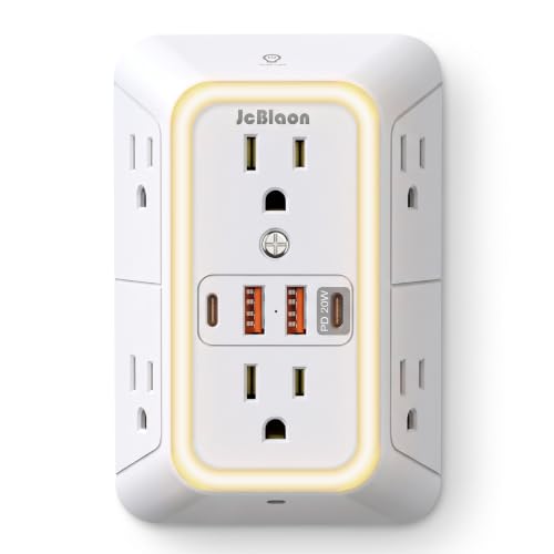 JcBlaon Surge Protector Outlet Extender, 6 Outlet Splitter and 4 USB Ports (PD 20W USB-C) with Night Light, 3 Sided Multi Plug Wall Adapter Power Strip for Home Travel Office-ETL - color: White-20W-1Pcs