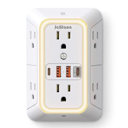 JcBlaon Surge Protector Outlet Extender, 6 Outlet Splitter and 4 USB Ports (PD 20W USB-C) with Night Light, 3 Sided Multi Plug Wall Adapter Power Strip for Home Travel Office-ETL - color: White-20W-1Pcs