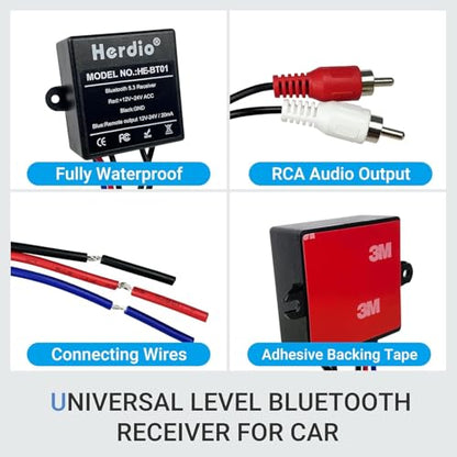 Herdio Marine Bluetooth Receiver IP67 Waterproof, BT 5.3 Remote Wireless Connectivity, Stero Male RCA Output, Bluetooth Receiver for Car, Marine Yacht, Truck, Motorcycle, Golf Cart, Speakers