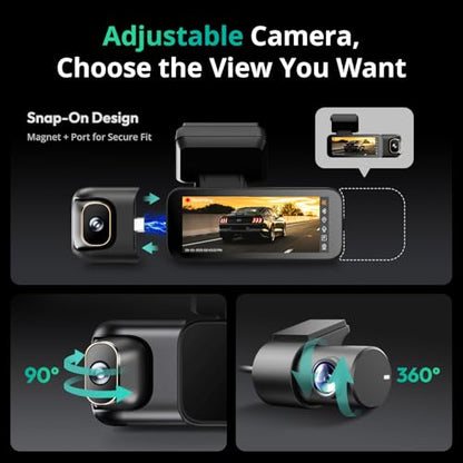 BOTSLAB 4K 3 Channel Dash Cam Front and Rear/Inside with Fuse Tap Hardwire Kit Type C, Dash Camera 24/7 Parking Mode, 3.18”Touch Screen Dashcam, Built-in GPS 5.8GHz WiFi Voice Control, Free 128GB Card