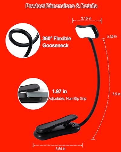 630nm Red Book Light for Reading at Night - Zero Blue Light, Dimmable Reading Lights for Books in Bed, LED Book Lamp Clip on, Gift for Students Parents Nurse Studying Travel [1 Pack]