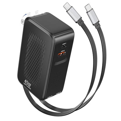 4 in 1 Retractable Phone Charger Wall Plug,45W Fast USBC Charging Adapter with 3.3FT Retractable USB C Cables,Foldable Charger Block with USB C and USB A Ports for iPhone 17/16/15/14,iPad,Galaxy,Pixel