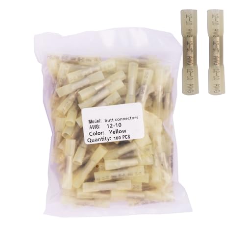 100PCS Yellow Heat Shrink Butt Connectors AWG12-10 (3.33-5.26mm² Wire), Waterproof Heat Shrink Wire Connectors,Tinned Copper 0.8mm,Insulated Crimp Butt Splice Electrical Connectors - color: Yellow, size: butt connectors