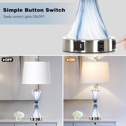 Rinweey Blue Glass Table Lamp with USB C+A Ports & AC Outlet,Coastal Bedside Lamp for Night Stands Bedroom Living Room,Nightstand Lamp LED Bulbs Included,Single Blue - color: Blue-1P