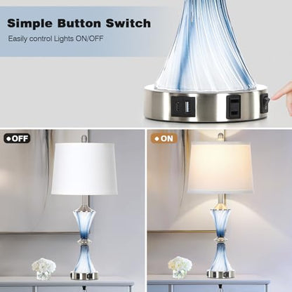 Rinweey Blue Glass Table Lamp with USB C+A Ports & AC Outlet,Coastal Bedside Lamp for Night Stands Bedroom Living Room,Nightstand Lamp LED Bulbs Included,Single Blue - color: Blue-1P