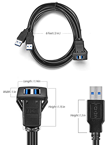 2M Dual USB3.0 Square Flush Mount Panel Cable, 6 feet, Black - size: 6 feet