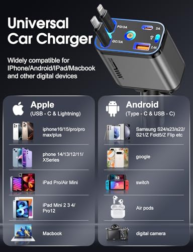 Retractable Car Charger 120W Fast Charging with Starlight,4 in 1 Universal Car Phone Charger,Built-in Type-C & Applehead Cable,Car Road Trip Retractable Accessory for iPhone,IPad,Samsung Galaxy,Pixel
