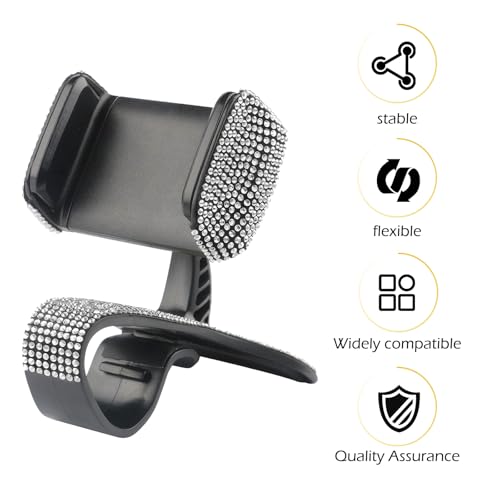 Phone Mount, 360 Degree Rotation Diamond-Encrusted Cell Phone Holder, Anti-Slip Silent GPS Mount for Sun Visor Rearview Mirror Dashboard, Universal One Hand Operation Design Clip (White) - color: White