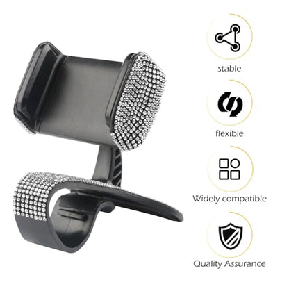 Phone Mount, 360 Degree Rotation Diamond-Encrusted Cell Phone Holder, Anti-Slip Silent GPS Mount for Sun Visor Rearview Mirror Dashboard, Universal One Hand Operation Design Clip (White) - color: White