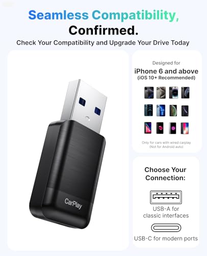 Wireless CarPlay Adapter for Apple iPhone, 2026 Convert Wired to Car Play Wireless, Plug & Play, Auto-Connect, Ultra Mini Car Play Adapter with USB A/C, No Latency for iPhone iOS 10+(2017+ Vehicles)